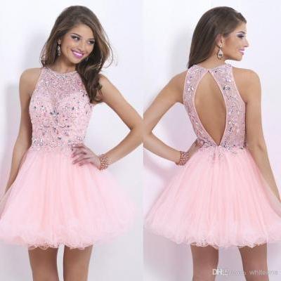 Homecoming dress,Pink backless dress ,Beautiful beading dress ,short prom dress,high quality prom dress,elegant wowen dress,party dress L018
